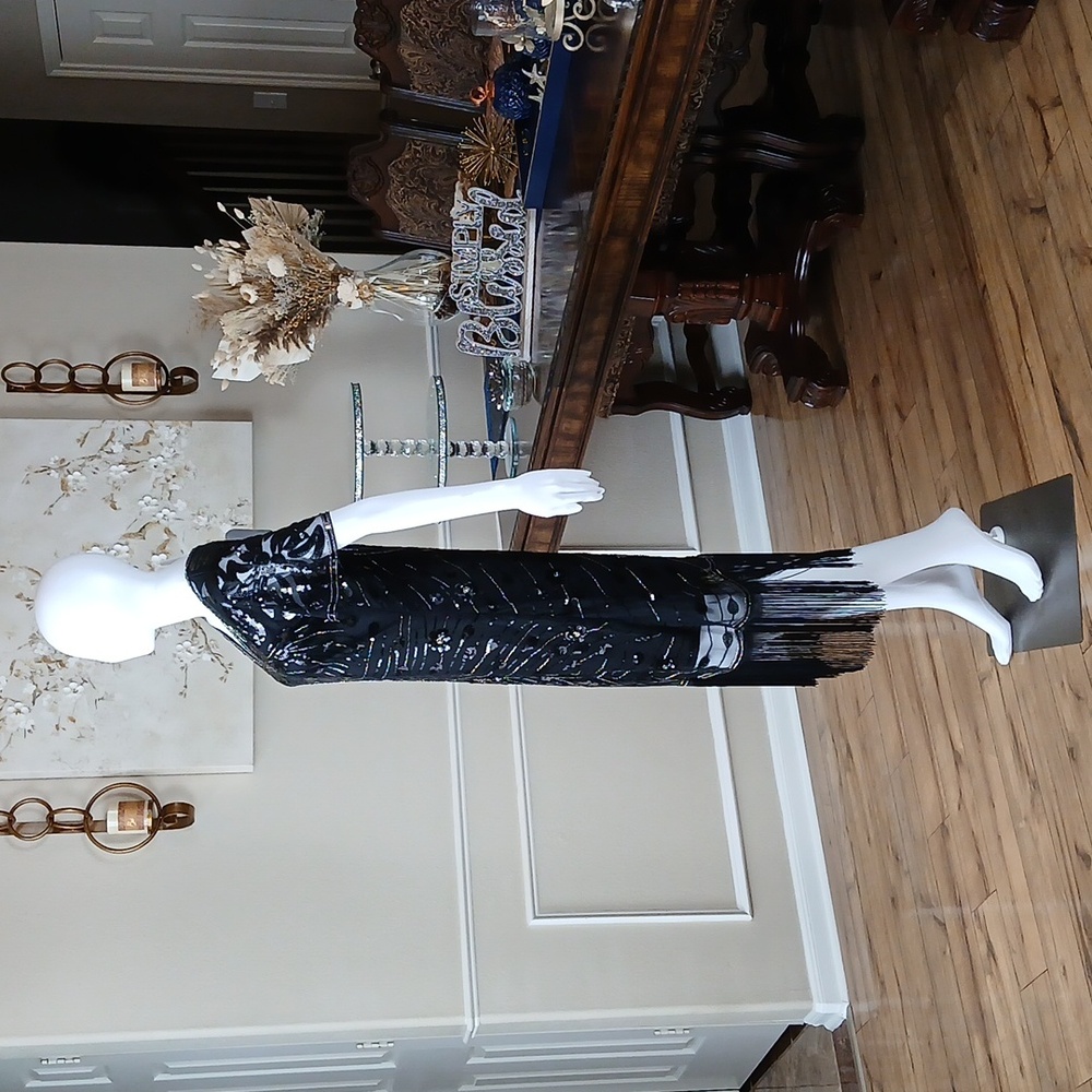 New Black Beaded Gatsby Flapper Cocktail V-neck Dress By Yessa. Size L - Picture 9 of 17